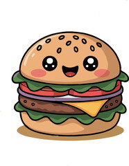 A cartoon burger with a smiling face and visible layers on a white background in a vector style