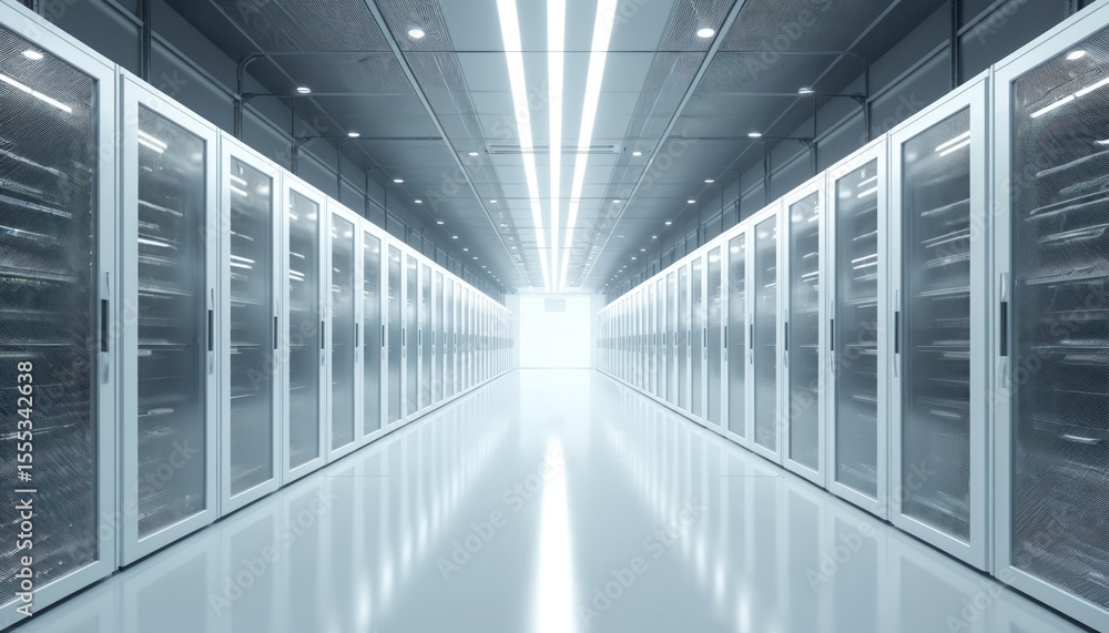 Poster modern server room with rows of data server racks. technology, cloud computing, data storage, intern