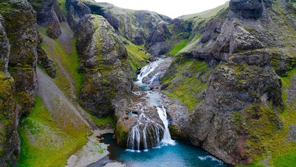 Aerial view of the spectacular Stjornafoss gorge and waterfall, a rustic wonder found in Kleifar,...