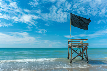 Black Flag on Lifeguard Tower Signals Dangerous Beach Conditions and Prohibited Swimming During Peak Summer Tourist Season