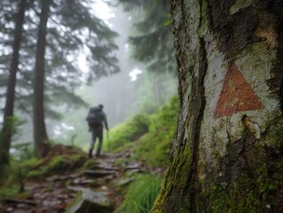 Fototapeta premium Hiking trail marked in woodland with blurred figure