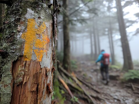 Hiking trail marker on tree in forest