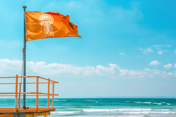 Jellyfish Flag Flies Over Lifeguard Tower to Warn Tourists of Stinging Marine Animals in the Sea During Summer