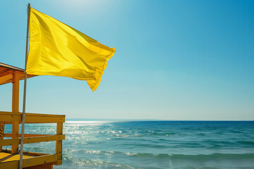 Yellow Flag Means Swim With Care Due To Moderate Surf Risk at Lifeguard Tower on Vacation Beach Destination