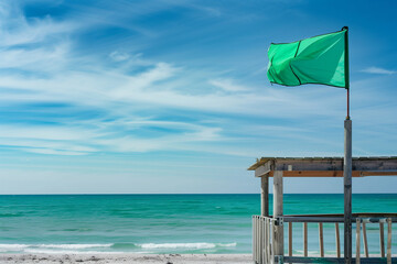 Green Flag Signifies Swimming Is Permitted Under Calm Sea Conditions With Lifeguards Present on a Summer Beach