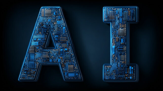 Text "AI" with chips and circuits design on black background