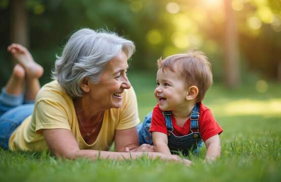 Happy senior woman enjoys summer time with little grandchild. Grandmother, boy child lay on grass in backyard. Positive communication, generations family. Old woman, baby boy fun outdoors. Senior - Powered by Adobe