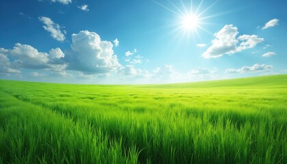 Obraz premium Vast green field under clear blue sky. Sunny summer day with white clouds, horizon. Nature, spring, growth, fresh air, eco. Agriculture, idyllic rural scenery, scenic landscape.