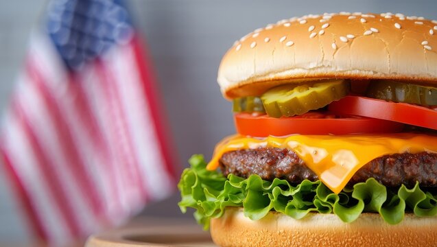 Delicious cheeseburger with bright toppings and sesame bun, styled with an American flag for patriotic themes.