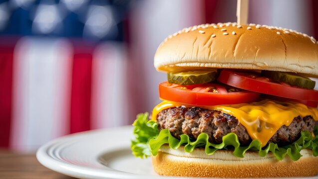 Delicious cheeseburger with bright toppings and sesame bun, styled with an American flag for patriotic themes. - Powered by Adobe