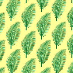 Botanical Palm Leaf Texture Design in Vector Style for Fabric or Wallpaper. Seamless tropical palm leaf pattern with green foliage on a soft yellow background in a flat botanical vector style
