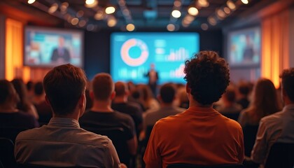 Audience attentively watches data presentation at conference. Colorful charts displayed on screen. Modern setting, people learning, business, teamwork, technology, strategy, workshop, seminar,