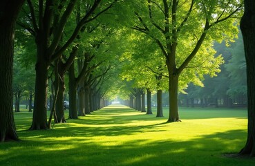Fototapeta premium Scenic view green park with tall trees along alley. Neat grass lawn, foliage, sunlight and shadow. Tranquil nature scene, perfect place for relax in the city. Springtime, summer.