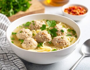 Hearty Indonesian Meatball Soup with Noodles and Chili Sauce