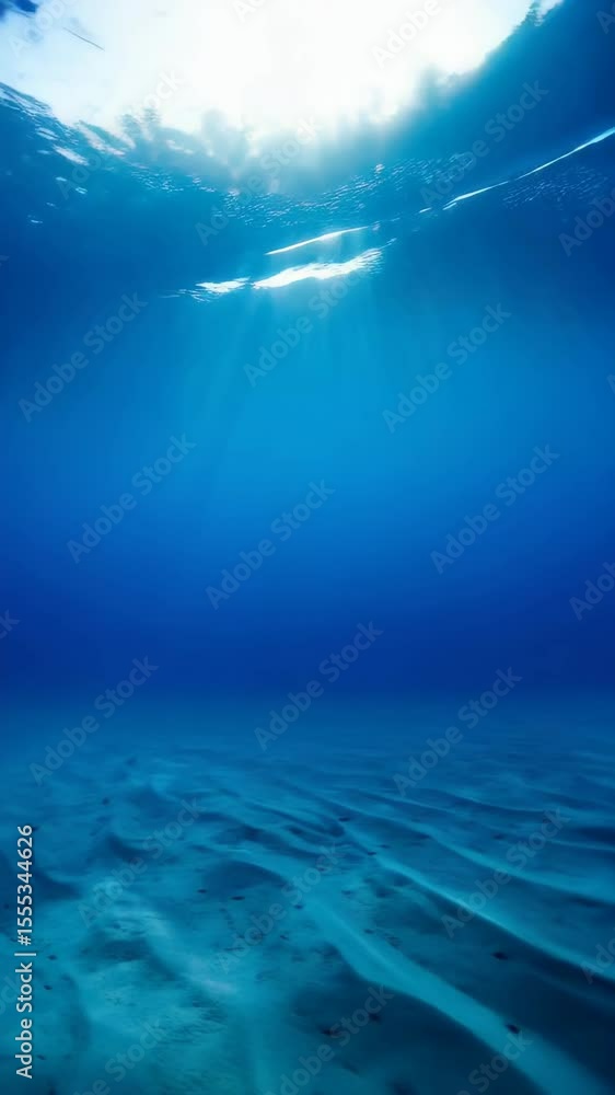 Poster sunlight penetrates the ocean surface, illuminating the sandy seafloor with refracted patterns and c