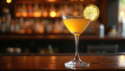 French 75 cocktail in elegant bar setting. Golden drink garnished with lemon slice on wooden counter, blurry background, bokeh lights. Bar atmosphere, celebration. Alcoholic beverage.