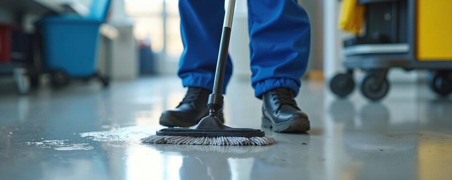 Janitor in blue work overalls mopping office floor with black mop. Cleaning, sanitizing workplace, routine service. Maintenance, hygiene, tidiness, work concept. Cleanliness, health, workspace.