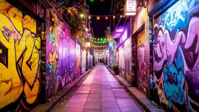 Illuminated urban laneway with vibrant graffiti art and strings of festive colorful lights casting an evening glow, urban street, architecture.