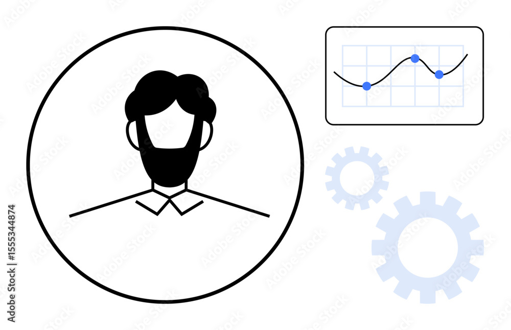 Poster user profile icon within a circle, line graph chart with data points, and two gear icons representin
