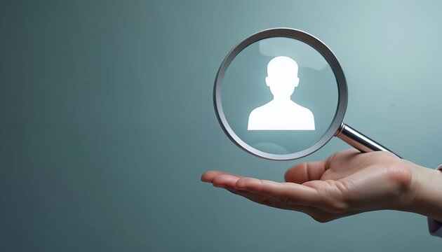 Hand holding magnifying glass with person icon. Search, investigation, finding right candidate. Concept recruitment, human resource, talent acquisition, employment, hiring. Explore opportunities,