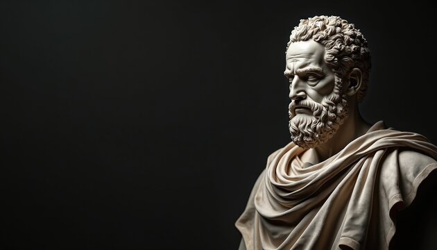 Illustration of stoic philosopher Epictetus. Statue stands against dark background, detailed facial features. Concept relates to ancient philosophy, wisdom, history, humanism. Suitable for