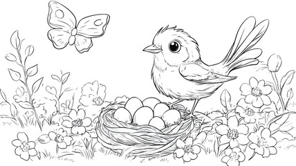 Fototapeta premium Cheerful Bird Sitting on Branch by Nest - Peaceful Natural Scene for Designs