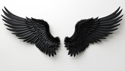 Detailed black angel wings isolated on white background. Dark feathers texture. Symbol of freedom, protection, power. Concept of spirituality, gothic, fantasy. Decorative element. Perfect for design.