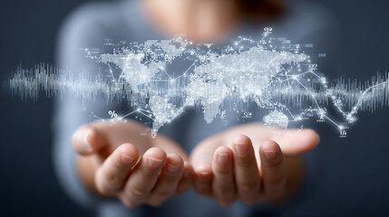 A hand holding Holographic World Map, showing economic conditions of world on map, Comparing different regions, 