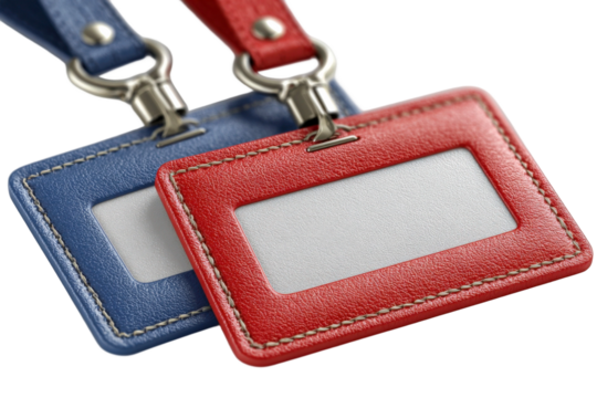 Colorful leather name tags in blue and red with empty spaces for names or identification on a clean background, ideal for events, offices, and conferences