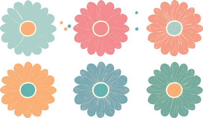 retro flowers in pastel colors on a transparent background. These vector illustrations feature a subtle texture in a 1970s style.