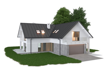 Modern single-family house 3D isolated on transparent background