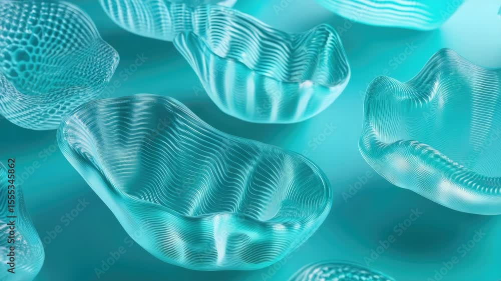 Poster colorful glass objects with intricate patterns on a blue background.