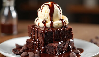 Homemade double chocolate brownie sundae with vanilla ice cream, chocolate sauce. Sweet dessert, rich gooey treat. Refreshing cold snack for any occasion. Tasty meal for restaurant menu, food blog.
