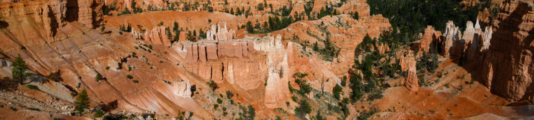 Sedimentary rock eroded into beautiful orange hoodoos in late afternoon sunlight, summer vacation exploring in Bryce Canyon National Park, Utah
