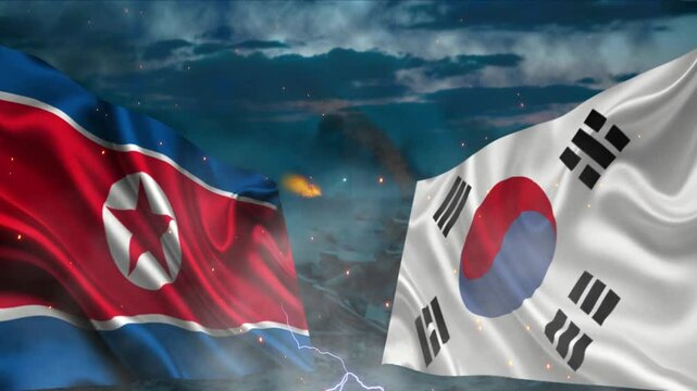 4k conflict or war between South Korea vs North Korea, 3D flag waving loop animation on Burning Red Hot Sparks, Fire Glowing Particles on Smoky blue Background, Disaster, nuclear war in two countries