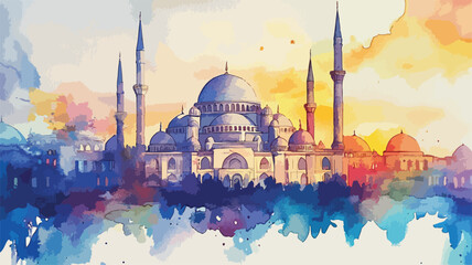 Stunning Watercolor Painting of Mosque with Intricate Details