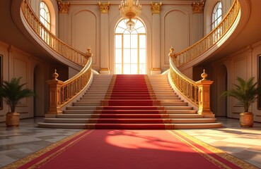 Royal palace interior with grand staircase and red carpet, luxury design. Golden railings stairs, chandelier and light. Architectural details, opulent ballroom design for luxury, wealth, heritage.