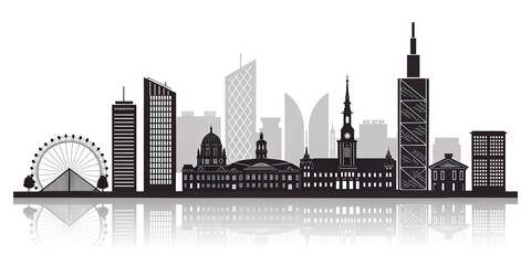Fototapeta premium Black and White Line Art Skyline of European Cities - Travel Landmark Illustration