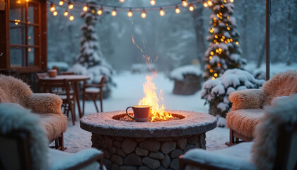Cozy winter cafe outdoor scene. Fire pit with glowing flames creates warm ambience. Fur covered chairs, snow covered, warm beverage. Winter retreat peaceful escape for relaxation, gathering during