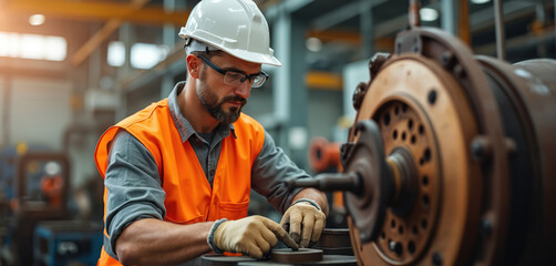 Focused factory worker wearing safety gear operates industrial machinery. Engineering professional in hard hat, orange vest works with heavy equipment. Skillful manufacturing labor.