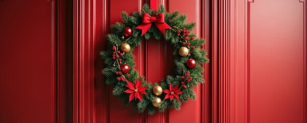 Festive Christmas door wreath with red bow golden bells on red door. Holiday decor for home entrance, welcoming guests during the winter season. Celebrate New Year with this decor.