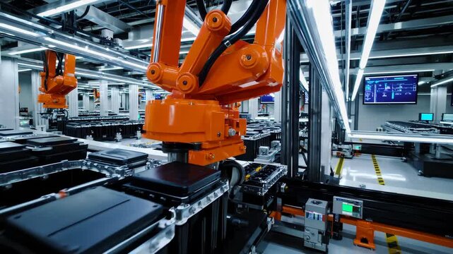 Robotic arm manufacturing Electric vehicle battery at a giga factory