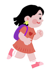 This image depicts a digital illustration of a young girl in a cartoon style, shown running with a cheerful expression on her face. The girl is wearing an orange-red dress with a heart motif 
