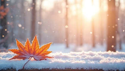 Fallen orange maple leaf covered with first snow on wood surface. Forest background with soft sunlight. Winter season, cozy atmosphere. Nature background with snowflakes. Autumn, winter season.