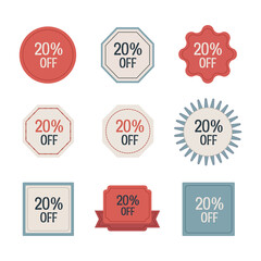 Collection of nine different discount tags showing 20 percent off isolated on white background