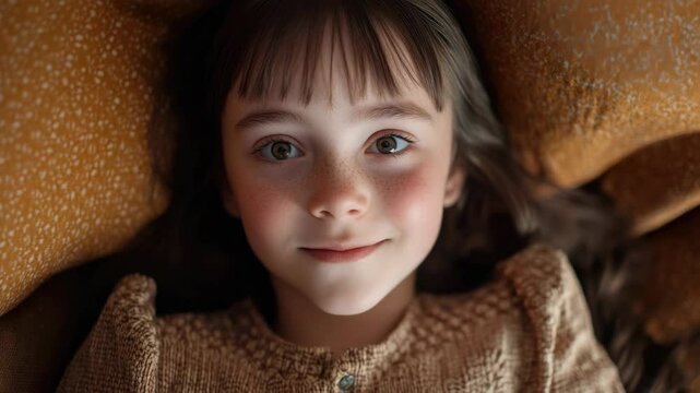 Candid shot of a delightful young girl with freckles, smiling happily in front of the camera. Her innocence shines through this candid moment.