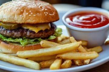 Classic beef burger with side of fries