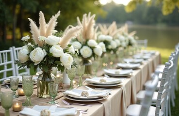 Elegant wedding table setting with white peonies, feathers. Formal banquet with chiavari chairs, soft tablecloth. Romantic outdoor dining. Ideal for event planning, catering, marriage, celebration