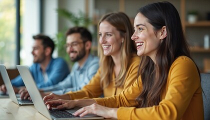 Group of professionals participate online certification course, smiling. Engaged in e-learning, teamwork. Education, training, skill development, networking, all-in-one. Focus on learning new skills,