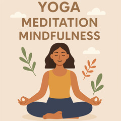 Flat vector illustration of a woman practicing yoga and meditation in a cross-legged lotus pose. Surrounded by nature elements and calming text like 